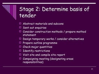 31
Stage 2: Determine basis of
tender
 Abstract materials and subcons
 Sent out enquiries
 Consider construction methods / prepare method
statement
 Design temporary works / consider alternatives
 Prepare outline programme
 Check major quantities
 Identify restrictions
 Visit site and compile site report
 Campaigning meeting (designating areas
responsibilities)
 