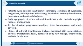 Email :info@alkafeel.edu.iq Website :http://Alkafeel.edu.iq 19
➢ Patients with adrenal insufficiency commonly complain of weakness,
weight loss, GI symptoms, salt craving, headaches, memory impairment,
depression, and postural dizziness.
➢ Early symptoms of acute adrenal insufficiency also include myalgia,
malaise, and anorexia.
➢ As the situation progresses, vomiting, fever, hypotension, and shock
develop.
➢ Signs of adrenal insufficiency include increased skin pigmentation,
postural hypotension, fever, decreased body hair, vitiligo, amenorrhea,
and cold intolerance.
CLINICAL PRESENTATION
 