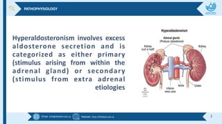 Email :info@alkafeel.edu.iq Website :http://Alkafeel.edu.iq 2
Hyperaldosteronism involves excess
aldosterone secretion and is
categorized as either primary
(stimulus arising from within the
adrenal gland) or secondary
(stimulus from extra adrenal
etiologies
PATHOPHYSIOLOGY
 