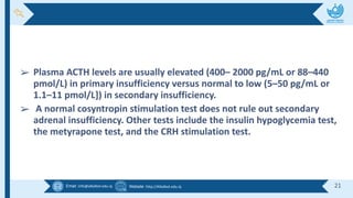 Email :info@alkafeel.edu.iq Website :http://Alkafeel.edu.iq 21
➢ Plasma ACTH levels are usually elevated (400– 2000 pg/mL or 88–440
pmol/L) in primary insufficiency versus normal to low (5–50 pg/mL or
1.1–11 pmol/L]) in secondary insufficiency.
➢ A normal cosyntropin stimulation test does not rule out secondary
adrenal insufficiency. Other tests include the insulin hypoglycemia test,
the metyrapone test, and the CRH stimulation test.
 