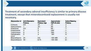 Email :info@alkafeel.edu.iq Website :http://Alkafeel.edu.iq 29
Treatment of secondary adrenal insufficiency is similar to primary disease
treatment, except that mineralocorticoid replacement is usually not
necessary.
 