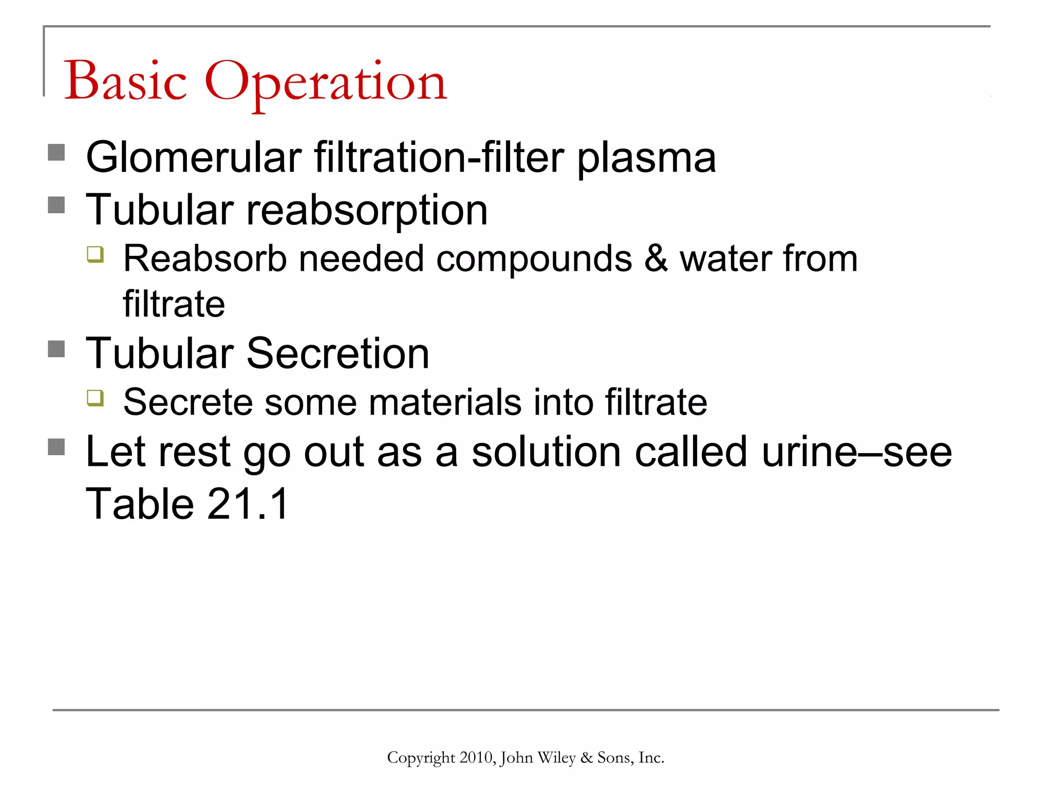 Basic Operation



Glomerular filtration-filter plasma
Tubular reabsorption




Tubular Secretion




Reabsorb needed compounds & water from
filtrate
Secrete some materials into filtrate

Let rest go out as a solution called urine–see
Table 21.1

Copyright 2010, John Wiley & Sons, Inc.

 