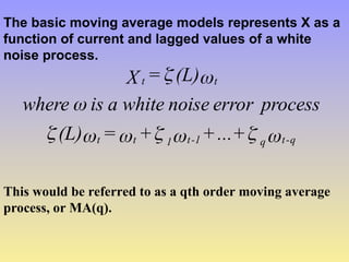 The basic moving average models represents X as a
function of current and lagged values of a white
noise process.










q
-
t
q
1
-
t
1
t
t
t
t
+
...
+
+
=
(L)
process
error
noise
white
a
is
where
(L)
=
X
This would be referred to as a qth order moving average
process, or MA(q).
 