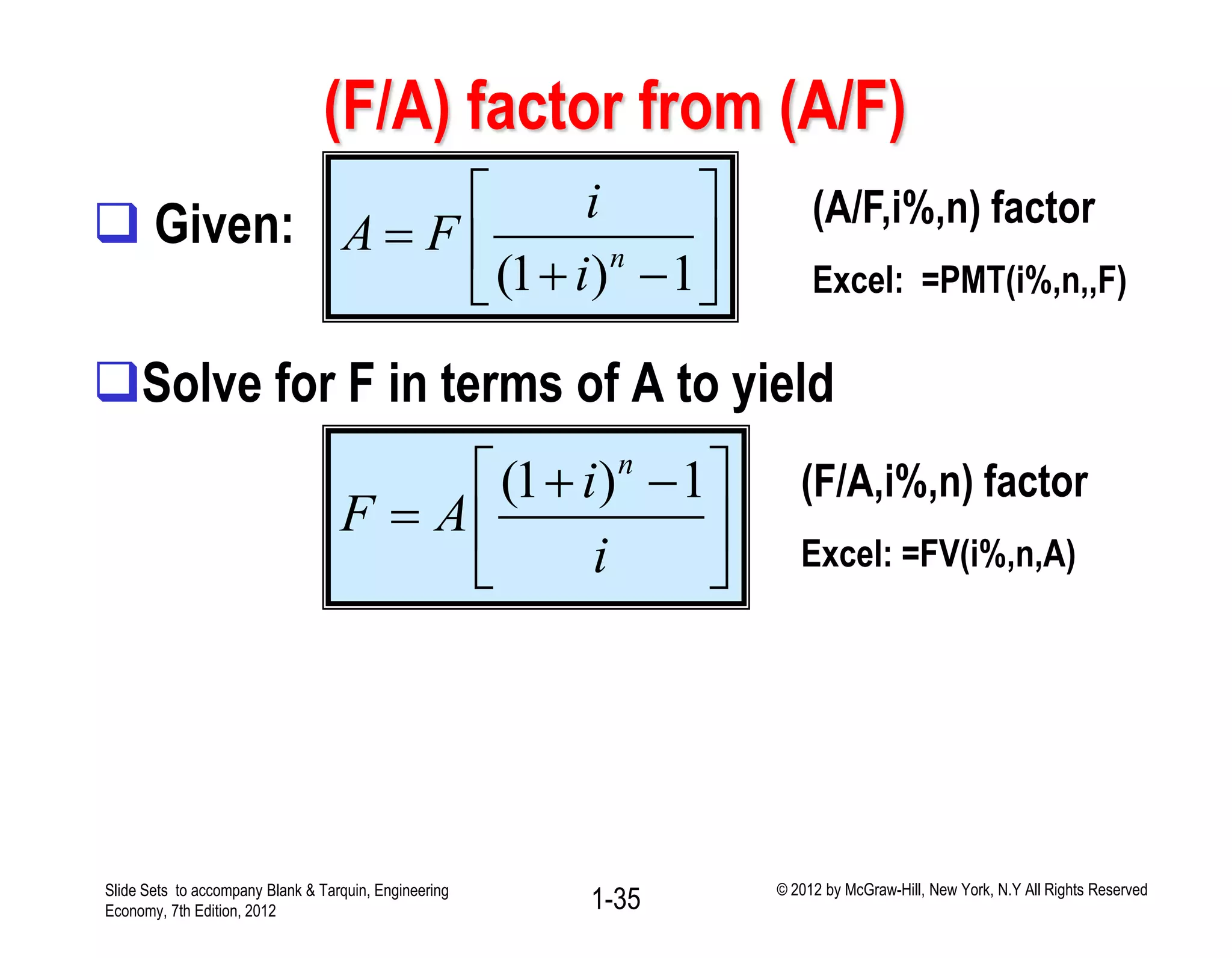 (F/A) factor from (A/F)
 Given:
Solve for F in terms of A to yield
(1 ) 1n
i
A F
i
 
    
(1 ) 1n
i
F A
i
  
  
 
(A/F,i%,n) factor
Excel: =PMT(i%,n,,F)
(F/A,i%,n) factor
Excel: =FV(i%,n,A)
Slide Sets to accompany Blank & Tarquin, Engineering
Economy, 7th Edition, 2012 1-35 © 2012 by McGraw-Hill, New York, N.Y All Rights Reserved
 