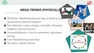 MEGA TRENDS (PHYSICAL)
● 3D Printer: Manifesting physical objects based on digital
specifications (medical implants)
● New Materials: Ligter, stronger, recyclable, (Example:
Graphene, theroset plastics)
● Advanced Robotics: Uses for automation, agriculture,
nursing
● Lean Manufacturing technology
● Driverless vehicles (Drone)
 