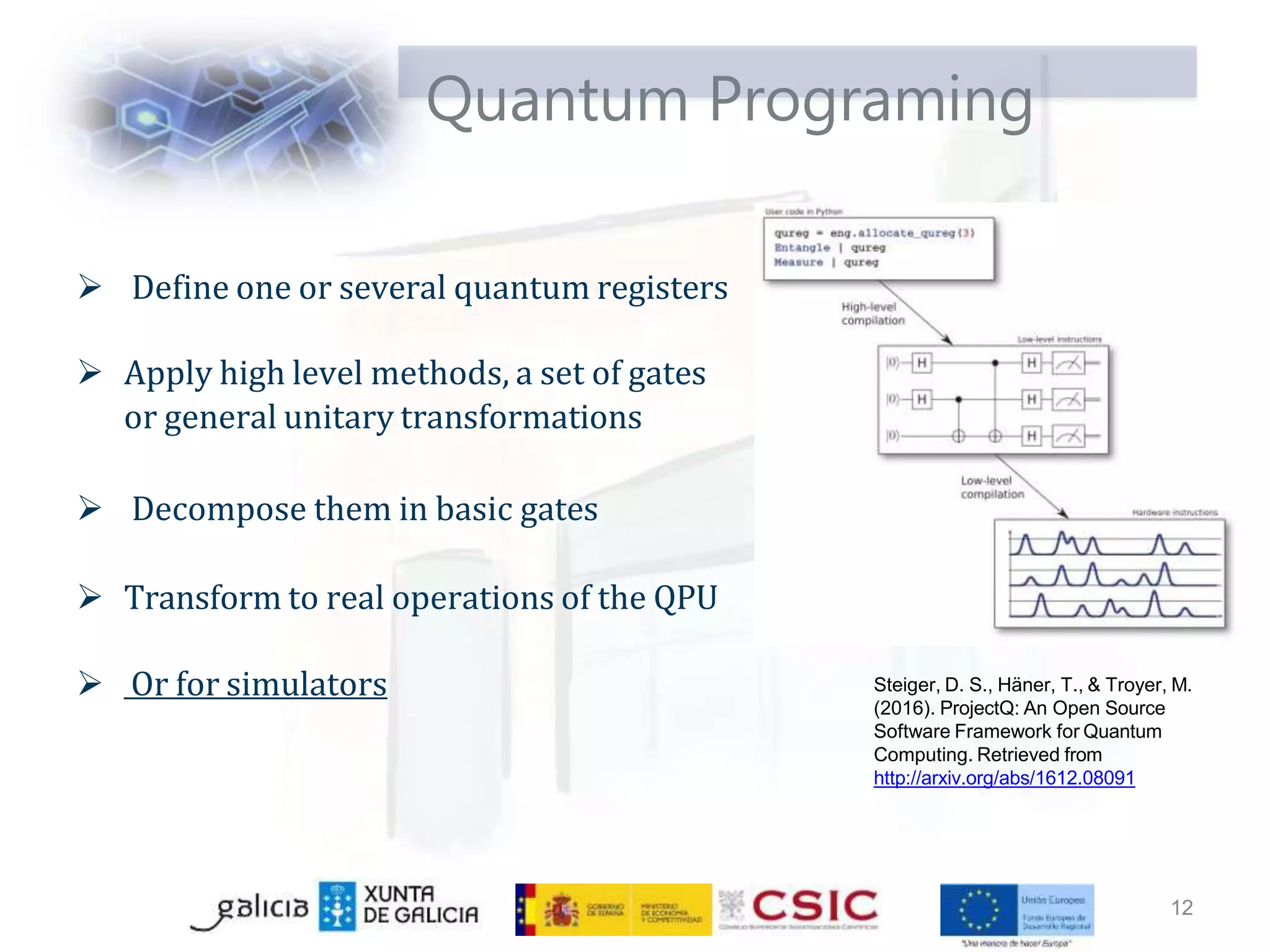 Quantum Programing
 Define one or several quantum registers
 Apply high level methods, a set of gates
or general unitary transformations
 Decompose them in basic gates
 Transform to real operations of the QPU
 Or for simulators Steiger, D. S., Häner, T., & Troyer, M.
(2016). ProjectQ: An Open Source
Software Framework for Quantum
Computing. Retrieved from
http://arxiv.org/abs/1612.08091
12
 