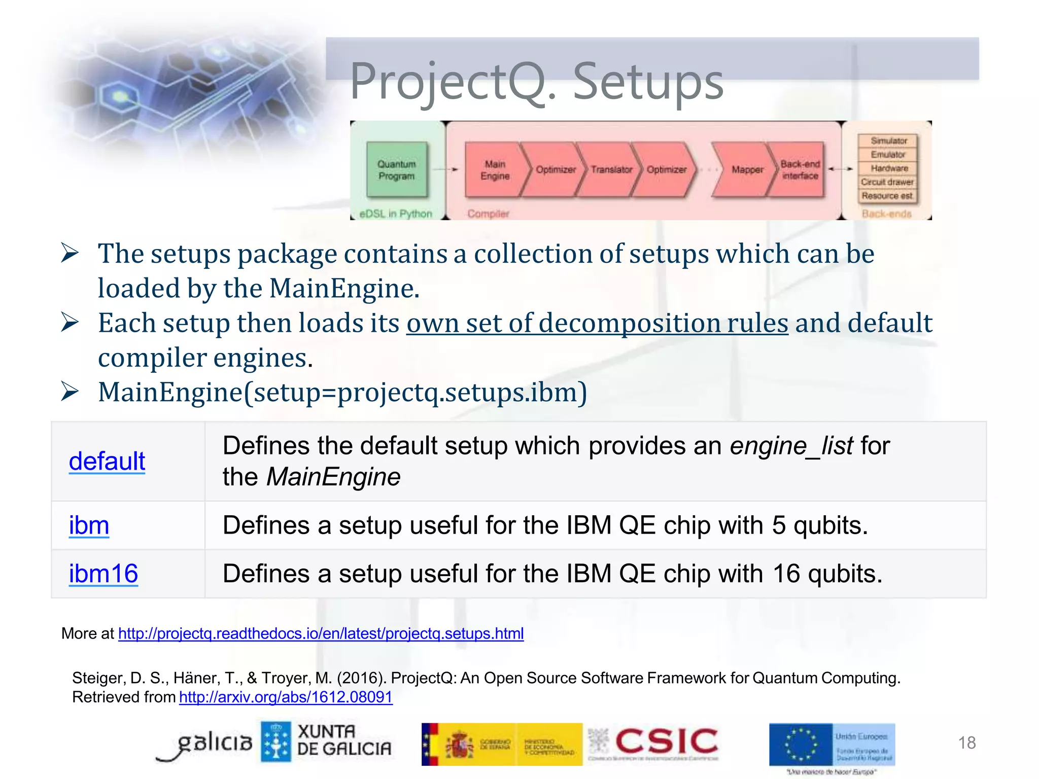 ProjectQ. Setups
 The setups package contains a collection of setups which can be
loaded by the MainEngine.
 Each setup then loads its own set of decomposition rules and default
compiler engines.
 MainEngine(setup=projectq.setups.ibm)
More at http://projectq.readthedocs.io/en/latest/projectq.setups.html
Steiger, D. S., Häner, T., & Troyer, M. (2016). ProjectQ: An Open Source Software Framework for Quantum Computing.
Retrieved from http://arxiv.org/abs/1612.08091
18
default
Defines the default setup which provides an engine_list for
the MainEngine
ibm Defines a setup useful for the IBM QE chip with 5 qubits.
ibm16 Defines a setup useful for the IBM QE chip with 16 qubits.
 