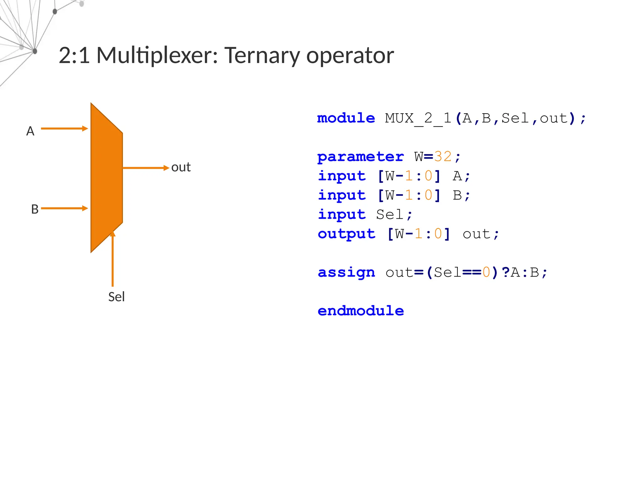 2:1 Multiplexer: Ternary operator
A
B
Sel
out
module MUX_2_1(A,B,Sel,out);
parameter W=32;
input [W-1:0] A;
input [W-1:0] B;
input Sel;
output [W-1:0] out;
assign out=(Sel==0)?A:B;
endmodule
 
