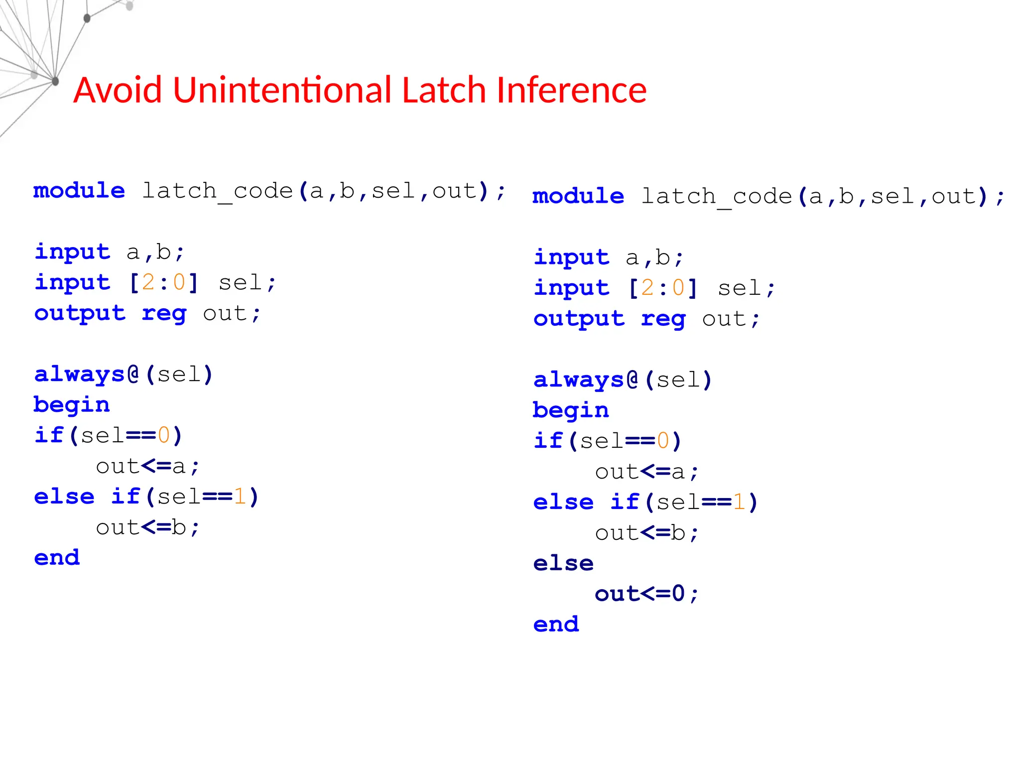 module latch_code(a,b,sel,out);
input a,b;
input [2:0] sel;
output reg out;
always@(sel)
begin
if(sel==0)
out<=a;
else if(sel==1)
out<=b;
end
module latch_code(a,b,sel,out);
input a,b;
input [2:0] sel;
output reg out;
always@(sel)
begin
if(sel==0)
out<=a;
else if(sel==1)
out<=b;
else
out<=0;
end
Avoid Unintentional Latch Inference
 