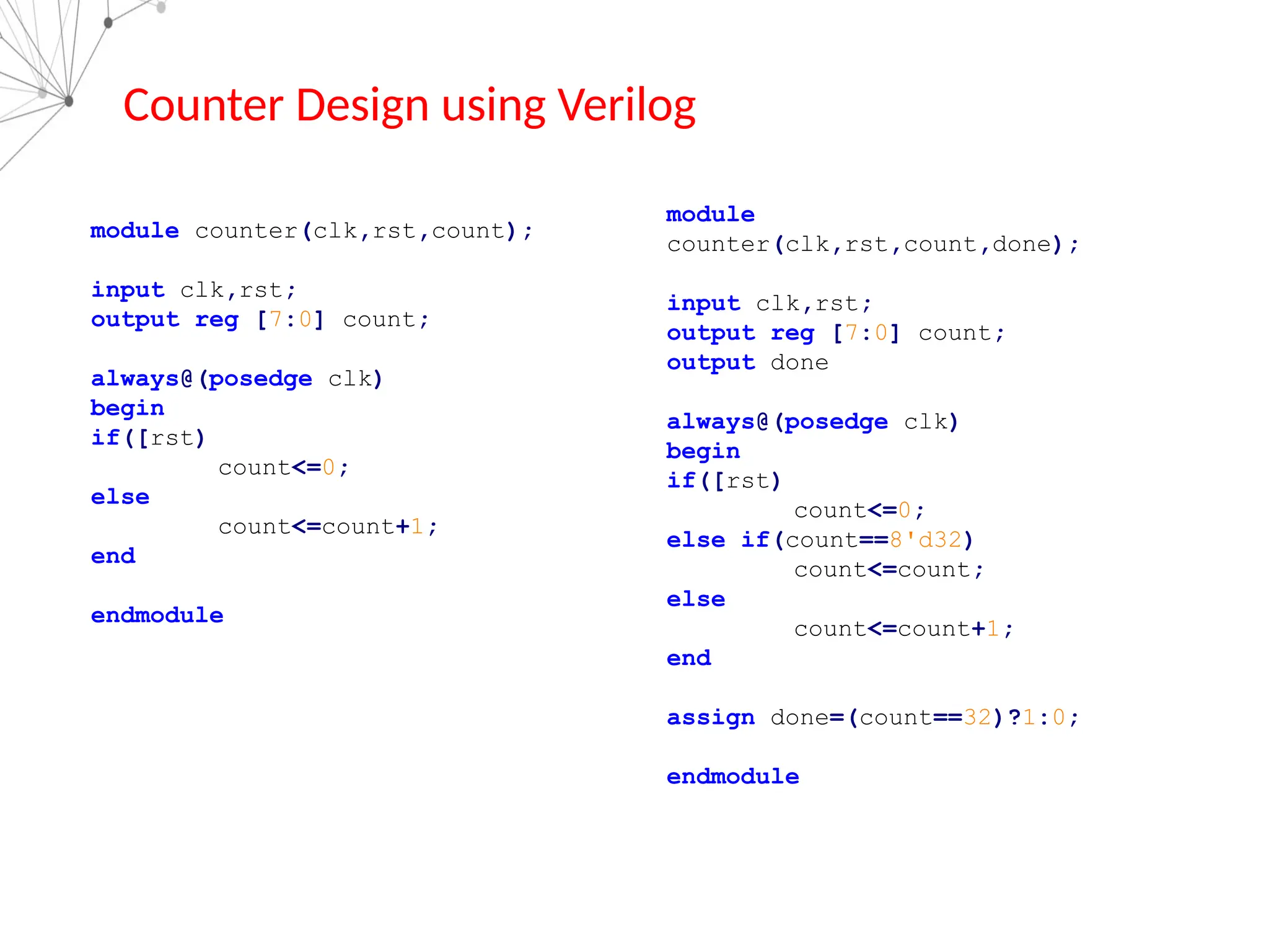 Counter Design using Verilog
module counter(clk,rst,count);
input clk,rst;
output reg [7:0] count;
always@(posedge clk)
begin
if([rst)
count<=0;
else
count<=count+1;
end
endmodule
module
counter(clk,rst,count,done);
input clk,rst;
output reg [7:0] count;
output done
always@(posedge clk)
begin
if([rst)
count<=0;
else if(count==8'd32)
count<=count;
else
count<=count+1;
end
assign done=(count==32)?1:0;
endmodule
 