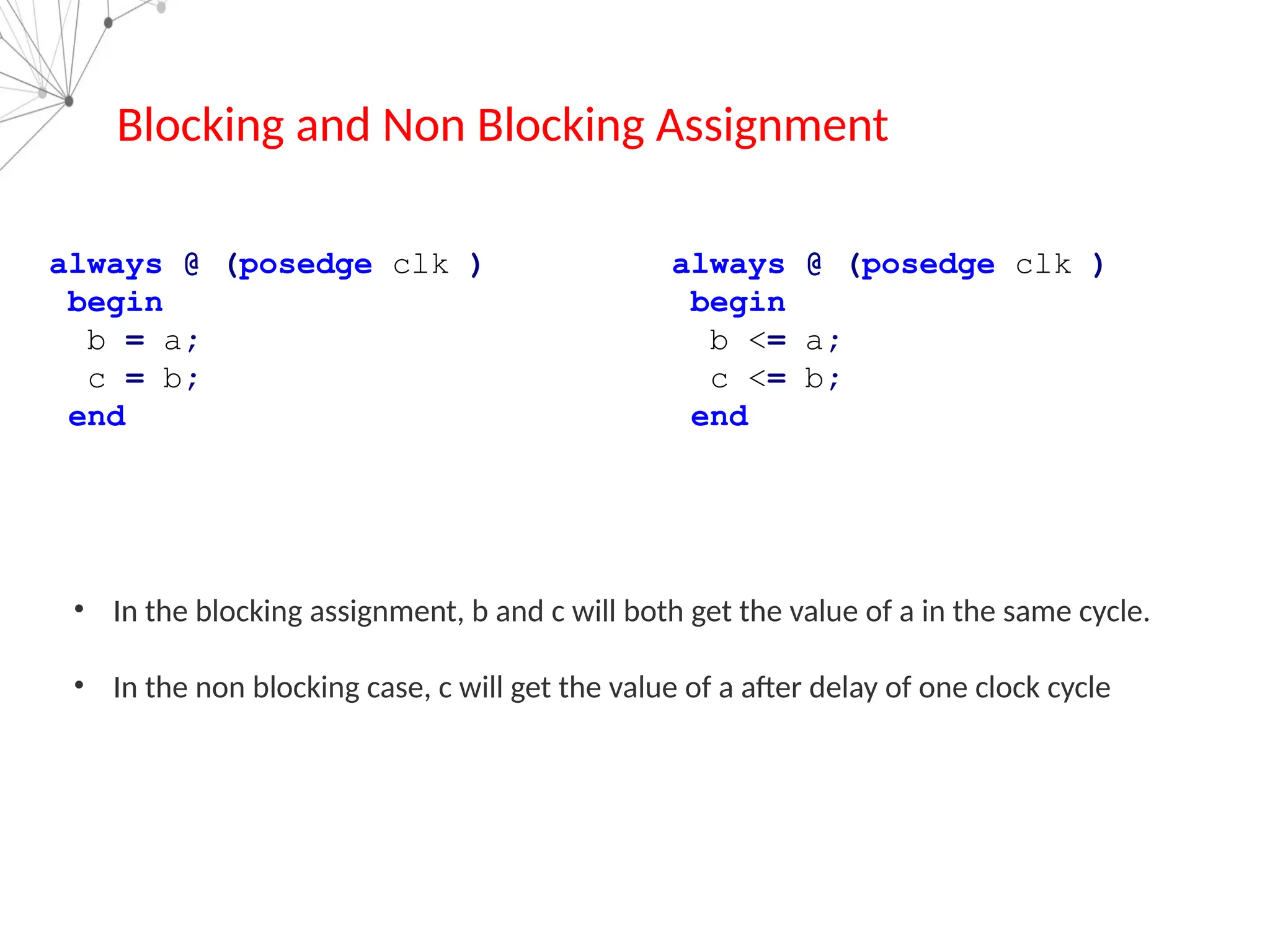 Blocking and Non Blocking Assignment
always @ (posedge clk )
begin
b = a;
c = b;
end
always @ (posedge clk )
begin
b <= a;
c <= b;
end
• In the blocking assignment, b and c will both get the value of a in the same cycle.
• In the non blocking case, c will get the value of a after delay of one clock cycle
 