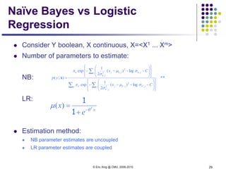© Eric Xing @ CMU, 2006-2010 29
Naïve Bayes vs Logistic
Regression
 Consider Y boolean, X continuous, X=<X1 ... Xm>
 Number of parameters to estimate:
NB:
LR:
 Estimation method:
 NB parameter estimates are uncoupled
 LR parameter estimates are coupled
**
log)(
2
1
exp
log)(
2
1
exp
)|(
' ,'
2
,'2
,'
'
,
2
,2
,
∑ ∑
∑
















−−−−
















−−−−
=
k j jkjkj
jk
k
j jkjkj
jk
k
Cx
Cx
yp
σµ
σ
π
σµ
σ
π
x
xT
e
x θ
µ −
+
=
1
1
)(
 