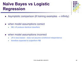 © Eric Xing @ CMU, 2006-2010 30
Naïve Bayes vs Logistic
Regression
 Asymptotic comparison (# training examples → infinity)
 when model assumptions correct
 NB, LR produce identical classifiers
 when model assumptions incorrect
 LR is less biased – does not assume conditional independence
 therefore expected to outperform NB
 