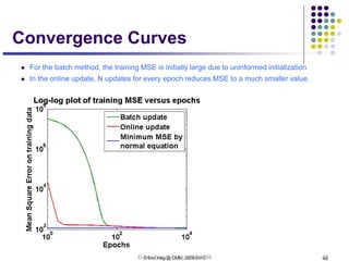 © Eric Xing @ CMU, 2006-2010 42© Eric Xing @ CMU, 2006-2008 42
 For the batch method, the training MSE is initially large due to uninformed initialization
 In the online update, N updates for every epoch reduces MSE to a much smaller value.
Convergence Curves
 