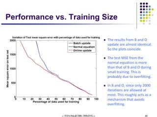 © Eric Xing @ CMU, 2006-2010 44
 The results from B and O
update are almost identical.
So the plots coincide.
 The test MSE from the
normal equation is more
than that of B and O during
small training. This is
probably due to overfitting.
 In B and O, since only 2000
iterations are allowed at
most. This roughly acts as a
mechanism that avoids
overfitting.
Performance vs. Training Size
 