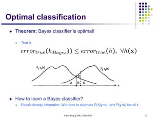 © Eric Xing @ CMU, 2006-2010 5
Optimal classification
 Theorem: Bayes classifier is optimal!
 That is
 How to learn a Bayes classifier?
 Recall density estimation. We need to estimate P(X|y=k), and P(y=k) for all k
 
