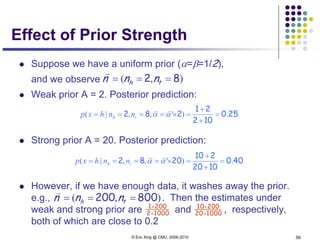 © Eric Xing @ CMU, 2006-2010 56
Effect of Prior Strength
 Suppose we have a uniform prior (α=β=1/2),
and we observe
 Weak prior A = 2. Posterior prediction:
 Strong prior A = 20. Posterior prediction:
 However, if we have enough data, it washes away the prior.
e.g., . Then the estimates under
weak and strong prior are and , respectively,
both of which are close to 0.2
),( 82 === th nnn

250
102
21
282 .)',,|( =
+
+
=×==== αα

th nnhxp
400
1020
210
2082 .)',,|( =
+
+
=×==== αα

th nnhxp
),( 800200 === th nnn

10002
2001
+
+
100020
20010
+
+
 