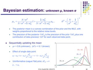© Eric Xing @ CMU, 2006-2010 60
Bayesian estimation: unknown µ, known σ
 The posterior mean is a convex combination of the prior and the MLE, with
weights proportional to the relative noise levels.
 The precision of the posterior 1/σ2
N is the precision of the prior 1/σ2
0 plus one
contribution of data precision 1/σ2 for each observed data point.
 Sequentially updating the mean
 µ∗ = 0.8 (unknown), (σ2)∗ = 0.1 (known)
 Effect of single data point
 Uninformative (vague/ flat) prior, σ2
0 →∞
1
2
0
2
2
02
0
2
2
0
2
0
2
2
1
1
1
1
−






+=
+
+
+
=
σσ
σµ
σσ
σ
σσ
σ
µ
N
N
x
N
N
N
~,
//
/
//
/
2
0
2
2
0
02
0
2
2
0
001
σσ
σ
µ
σσ
σ
µµµ
+
−−=
+
−+= )()( xxx
0µµ →N
 
