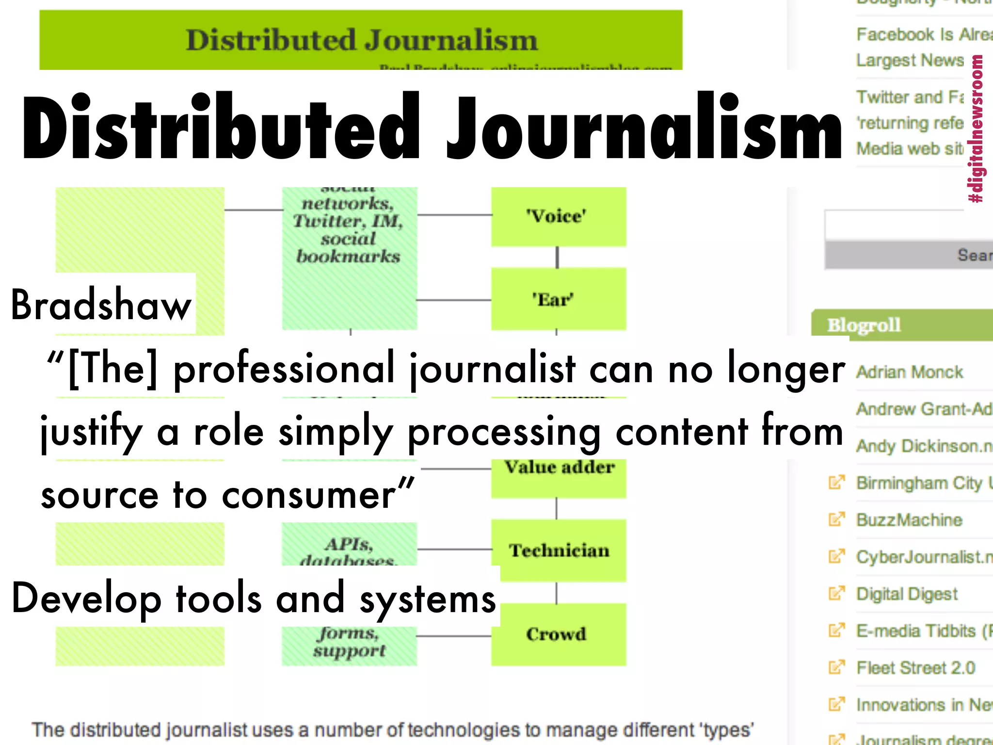 #digitalnewsroom
                                                 #digitalnewsroom
Distributed Journalism
Bradshaw
 “[The] professional journalist can no longer
 justify a role simply processing content from
 source to consumer”

Develop tools and systems
 