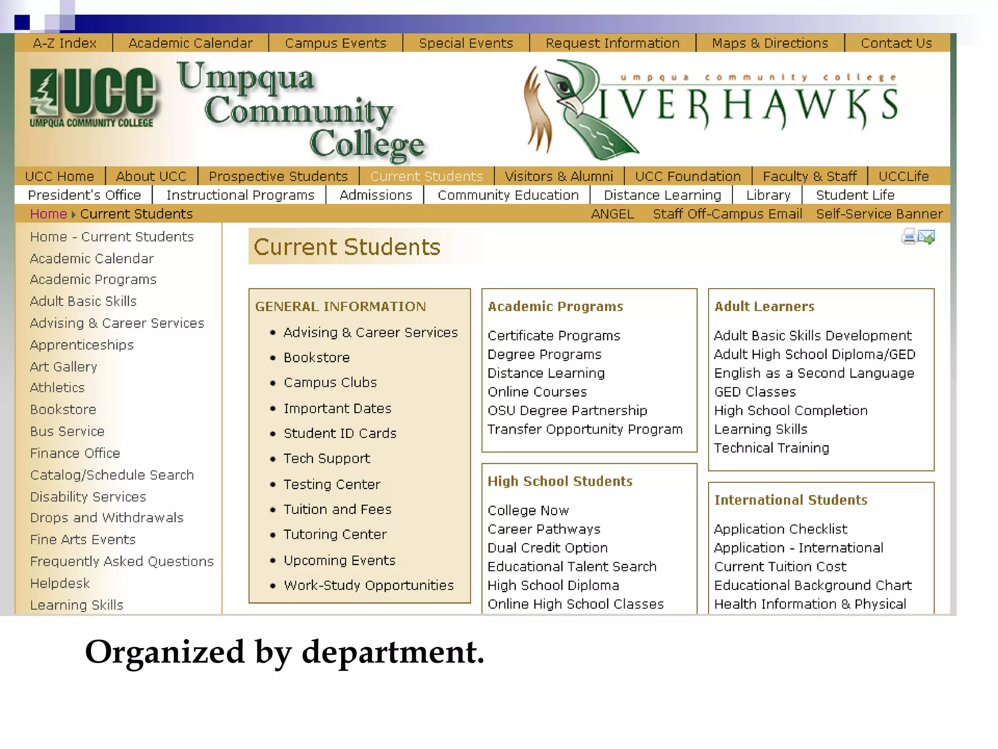 Organized by department. 