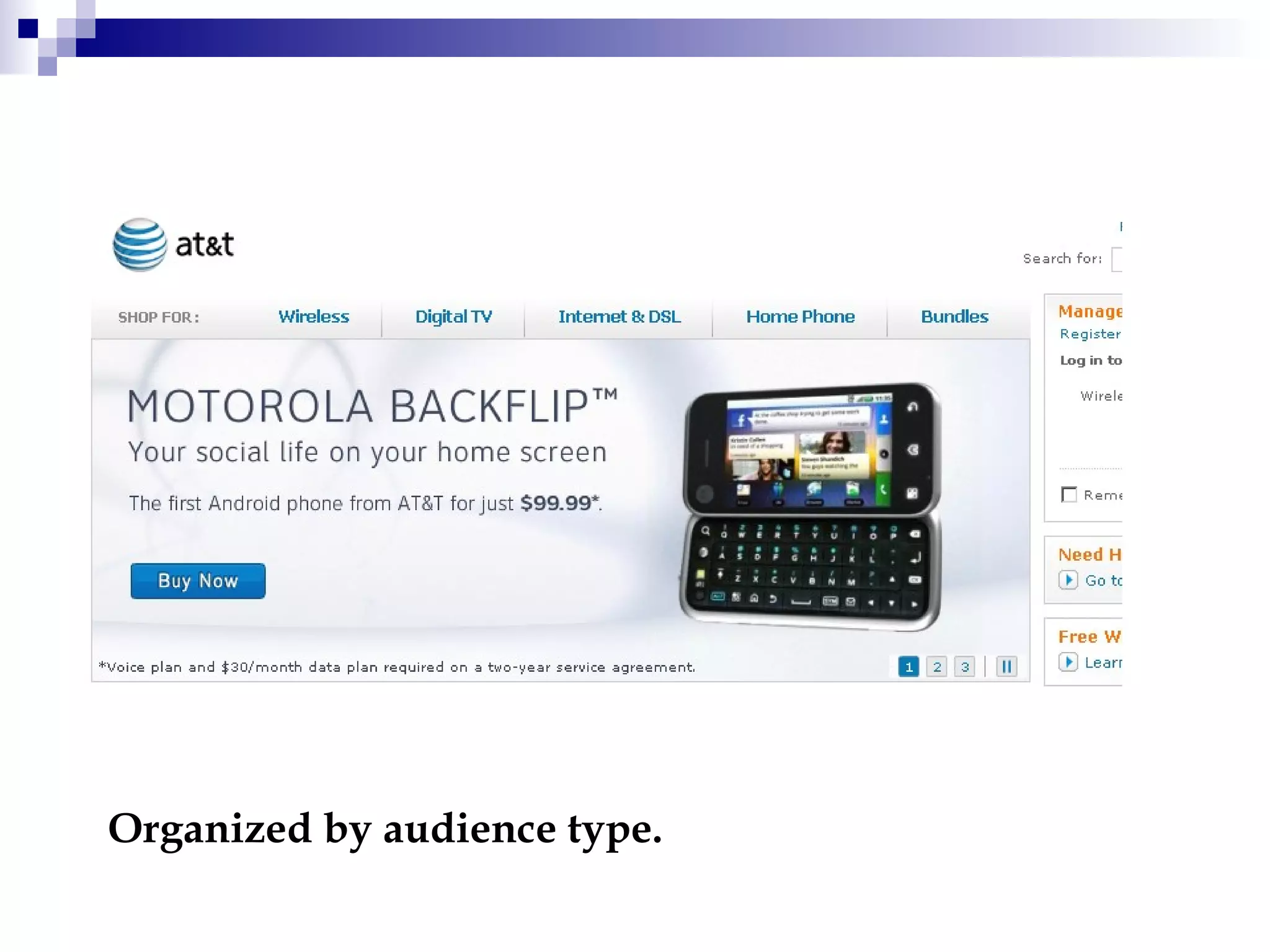 Organized by audience type. 
