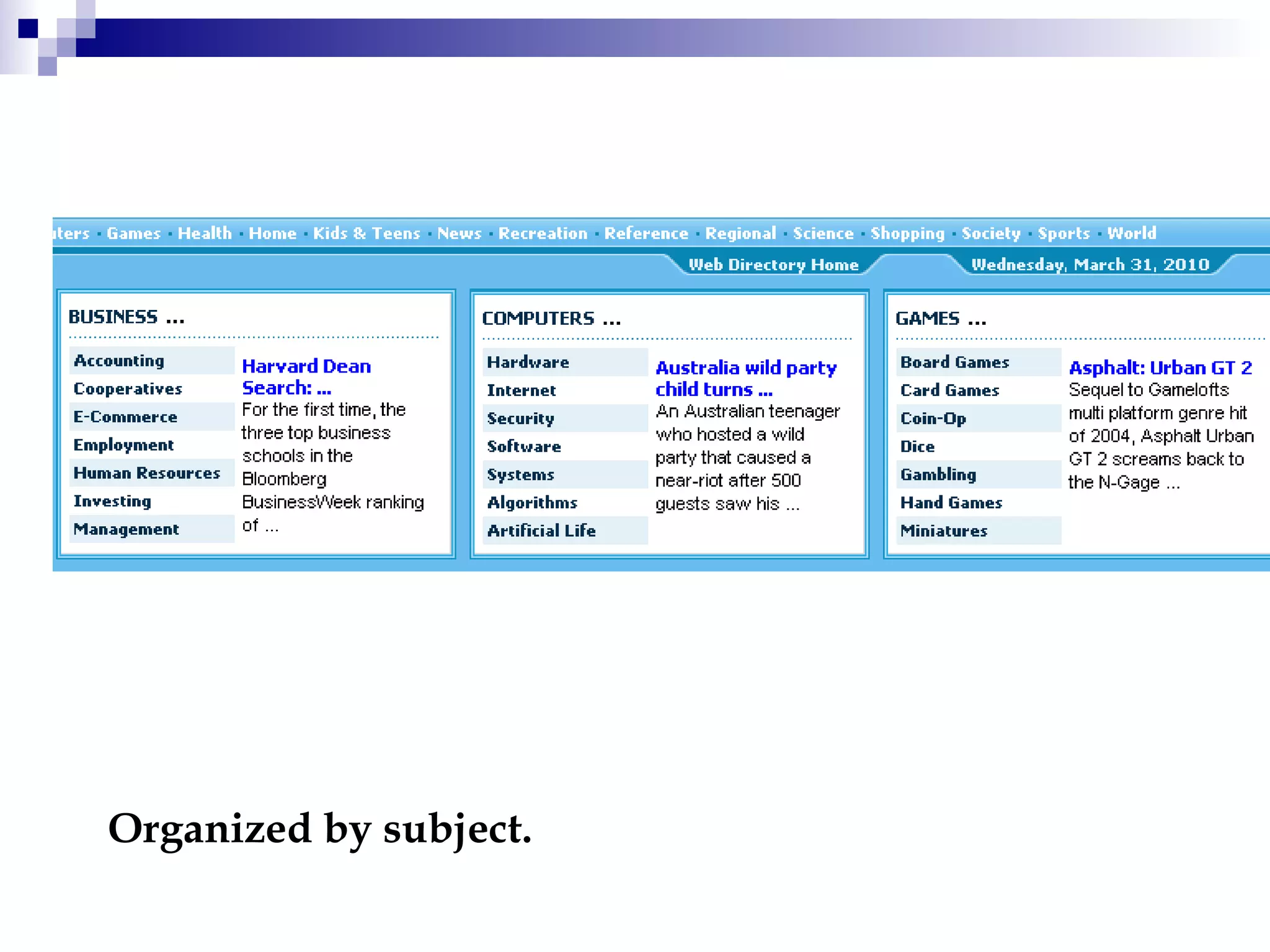 Organized by subject. 