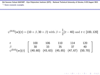 6th Summer School AACIMP - Kyiv Polytechnic Institute (KPI) - National Technical University of Ukraine, 8-20 August 2011
  Some economic examples




                                                 1
      ψ (0,0) (w )(t) = (10 + β, 30 + β) with β = (t − 40) and t ∈ [100, 120]
                                                 2

                                                                      
        t                   100      106      110      114      120
        β                  30       33       35       37       40     
        ψ (0,0) (w )(t)   (40, 60) (43, 63) (45, 65) (47, 67) (50, 70)
 