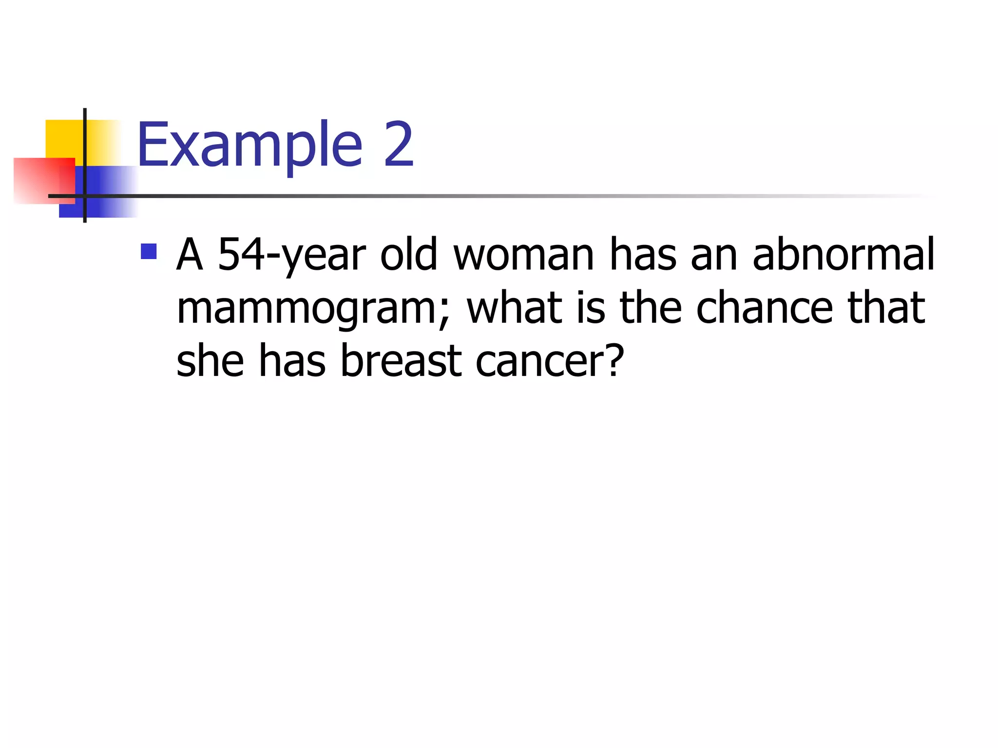Example 2 A 54-year old woman has an abnormal mammogram; what is the chance that she has breast cancer? 