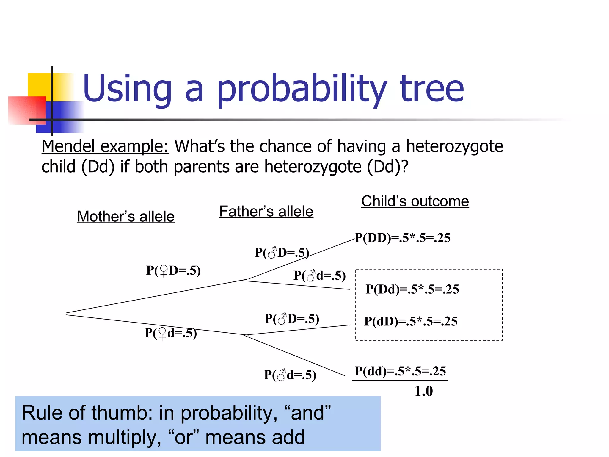 U sing a probability tree Rule of thumb: in probability, “and” means multiply, “or” means add  Mendel example:  What’s the chance of having a heterozygote child (Dd) if both parents are heterozygote (Dd)? P( ♀ D=.5) P( ♀ d=.5) Mother’s allele P( ♂ D=.5) P( ♂ d=.5) P( ♂ D=.5) P( ♂ d=.5) Father’s allele ______________ 1.0 P(DD)=.5*.5=.25 P(Dd)=.5*.5=.25 P(dD)=.5*.5=.25 P(dd)=.5*.5=.25 Child’s outcome 