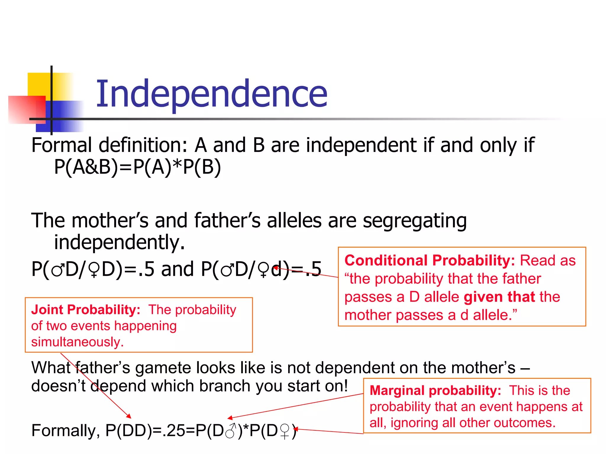 Independence Formal definition: A and B are independent if and only if P(A&B)=P(A)*P(B) The mother’s and father’s alleles are segregating independently. P(♂D/♀D)=.5 and P(♂D/♀d)=.5 What father’s gamete looks like is not dependent on the mother’s –doesn’t depend which branch you start on!  Formally, P(DD)=.25=P(D♂)*P(D♀) Conditional Probability:  Read as “the probability that the father passes a D allele  given that  the mother passes a d allele.” Joint Probability:   The probability of two events happening simultaneously. Marginal probability:   This is the probability that an event happens at all, ignoring all other outcomes.  