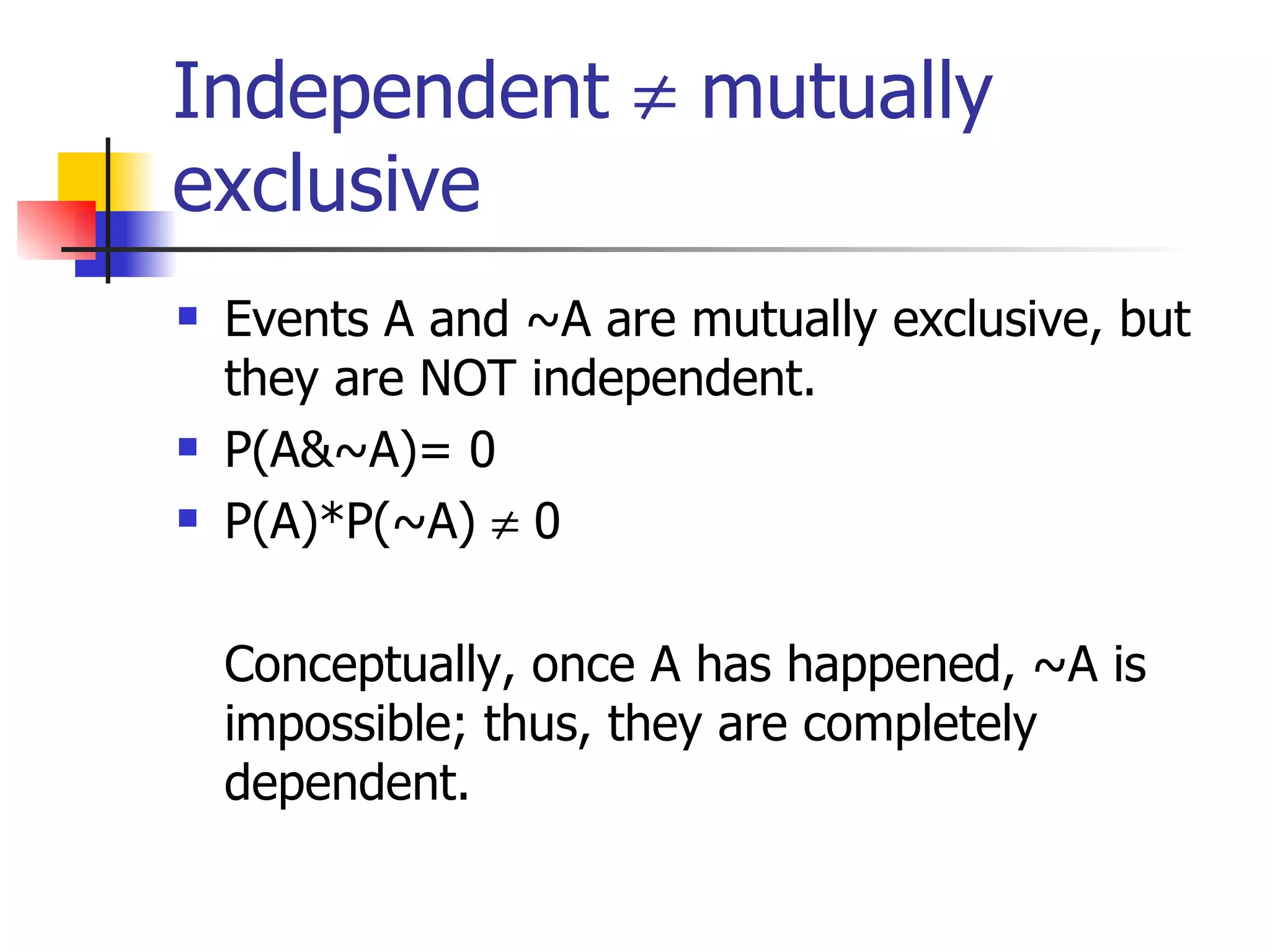 Independent    mutually exclusive Events A and ~A are mutually exclusive, but they are NOT independent. P(A&~A)= 0 P(A)*P(~A)    0 Conceptually, once A has happened, ~A is impossible; thus, they are completely dependent. 