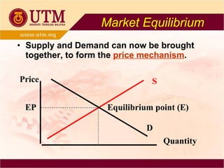 Supply and Demand can now be brought together, to form the  price mechanism . Price Quantity S D Equilibrium point (E) EP Market Equilibrium 