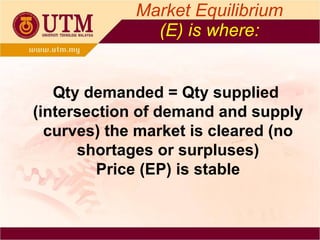 Market Equilibrium   (E) is where: Qty demanded = Qty supplied  (intersection of demand and supply curves) the market is cleared (no shortages or surpluses) Price (EP) is stable 