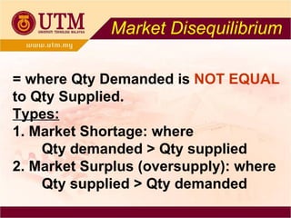 Market Disequilibrium = where Qty Demanded is  NOT EQUAL   to Qty Supplied. Types: 1. Market Shortage:  where Qty demanded > Qty supplied 2. Market Surplus (oversupply):  where Qty supplied > Qty demanded 