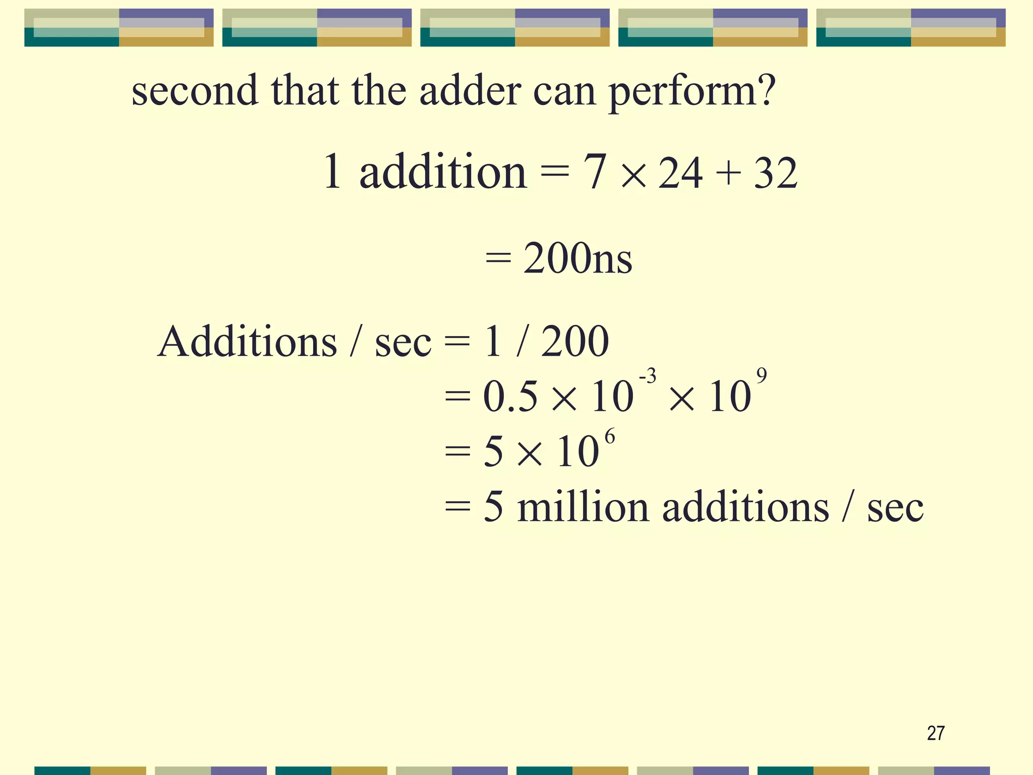 second that the adder can perform?
          1 addition = 7 × 24 + 32
                   = 200ns
 Additions / sec = 1 / 200
                            -3    9
                 = 0.5 × 10 × 10
                 = 5 × 10 6


                 = 5 million additions / sec



                                               27
 