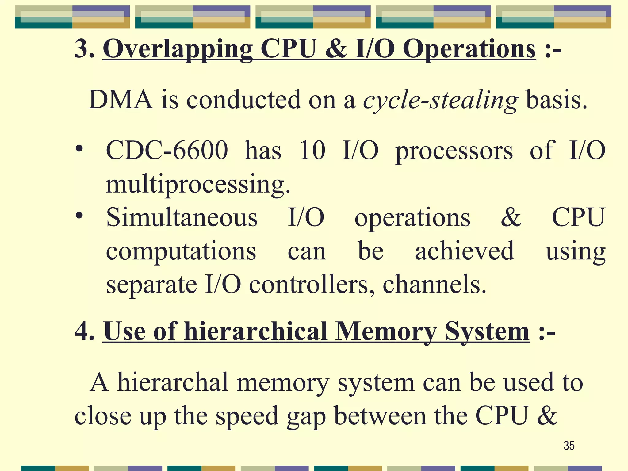 3. Overlapping CPU & I/O Operations :-
 DMA is conducted on a cycle-stealing basis.
• CDC-6600 has 10 I/O processors of I/O
  multiprocessing.
• Simultaneous I/O operations & CPU
  computations can be achieved using
  separate I/O controllers, channels.
4. Use of hierarchical Memory System :-
 A hierarchal memory system can be used to
close up the speed gap between the CPU &
                                          35
 