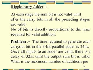 Ripple-carry Adder :-
At each stage the sum bit is not valid until
after the carry bits in all the preceding stages
are valid.
No of bits is directly proportional to the time
required for valid addition.
Problem :- The time required to generate each
carryout bit in the 8-bit parallel adder is 24ns.
Once all inputs to an adder are valid, there is a
delay of 32ns until the output sum bit is valid.
What is the maximum number of additions per
                                            26
 
