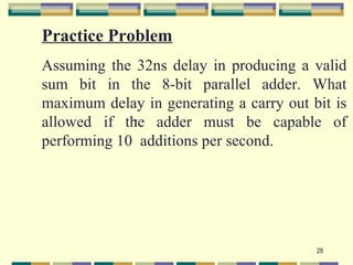 Practice Problem
Assuming the 32ns delay in producing a valid
sum bit in the 8-bit parallel adder. What
maximum delay in generating a carry out bit is
allowed if the adder must be capable of
             7

performing 10 additions per second.




                                         28
 