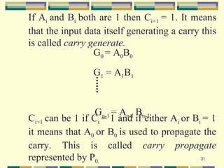 If Ai and Bi both are 1 then Ci+1 = 1. It means
that the input data itself generating a carry this
is called carry generate.
                 G0 = A0B0
                 G1 = A1B1


                  Gn-1 = An-1 Bn-1
Ci+1 can be 1 if Ci = 1 and if either Ai or Bi = 1
it means that A0 or B0 is used to propagate the
carry. This is called carry propagate
represented by P0.                            31
 
