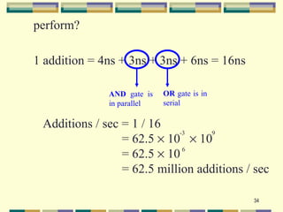 perform?

1 addition = 4ns + 3ns + 3ns + 6ns = 16ns

              AND gate is   OR gate is in
              in parallel   serial

 Additions / sec = 1 / 16
                             -3   9
                 = 62.5 × 10 × 10
                 = 62.5 × 10  6


                 = 62.5 million additions / sec

                                            34
 