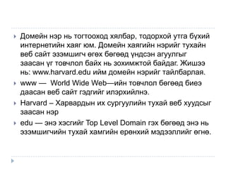   Домейн нэр нь тогтооход хялбар, тодорхой утга бүхий
    интернетийн хаяг юм. Домейн хаягийн нэрийг тухайн
    веб сайт эзэмшигч өгөх бөгөөд үндсэн агуулгыг
    заасан үг товчлол байх нь зохимжтой байдаг. Жишээ
    нь: www.harvard.edu ийм домейн нэрийг тайлбарлая.
   www — World Wide Web—ийн товчлол бөгөөд биеэ
    даасан веб сайт гэдгийг илэрхийлнэ.
   Harvard – Харвардын их сургуулийн тухай веб хуудсыг
    заасан нэр
   edu — энэ хэсгийг Top Level Domain гэх бөгөөд энэ нь
    эзэмшигчийн тухай хамгийн ерөнхий мэдээллийг өгнө.
 