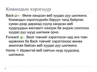 Командын хэрэглүүр
Back     Өмнө хандсан веб хуудас руу шилжинэ.
 Командын хэрэглүүрийн баруун талд байрлах
 суман дээр дарахад сүүлд хандсан веб
 хуудсуудын жагсаалт нээгдэх ба эндээс сонгосон
 хуудас руу шууд шилжиж орно.
Forward    Back товчийг хэрэглэсэн үед энэ товч
 идэвхжих ба Back товчийг хэрэглэхээс өмнөх
 ажиллаж байсан веб хуудас руу шилжинэ.
Home Идэвхтэй веб сайтын нүүр хуудсанд
 шилжинэ.
 