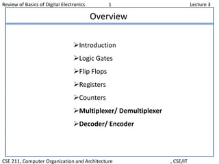 Review of Basics of Digital Electronics 1 Lecture 3
CSE 211, Computer Organization and Architecture , CSE/IT
Overview
Introduction
Logic Gates
Flip Flops
Registers
Counters
Multiplexer/ Demultiplexer
Decoder/ Encoder
 