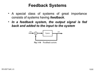 Feedback Systems
• A special class of systems of great importance
consists of systems having feedback.
• In a feedback system, the output signal is fed
back and added to the input to the system
EE-2027 SaS, L3: 13/20
 