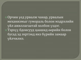  Орчин үед

урвалж чанар, урвалын
механизмыг гумораль болон мэдрэлийн
үйл ажиллагаатай холбон үздэг.
 Тэрхүү бдоисууд цаашид өөрийн болон
бусад эд эхртэнд янз бүрийн замаар
үйлчилнэ.

 