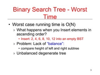 Binary Search Tree - Worst
Time
• Worst case running time is O(N)
› What happens when you Insert elements in
ascending order?
• Insert: 2, 4, 6, 8, 10, 12 into an empty BST

› Problem: Lack of “balance”:
• compare height of left and right subtree

› Unbalanced degenerate tree

3

 
