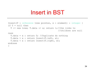 Insert in BST
Insert(T : reference tree pointer, x : element) : integer {
if T = null then
T := new tree; T.data := x; return 1;//the links to
//children are null
case
T.data = x : return 0; //Duplicate do nothing
T.data > x : return Insert(T.left, x);
T.data < x : return Insert(T.right, x);
endcase
}

34

 