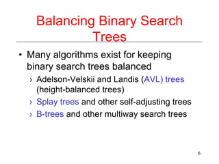 Balancing Binary Search
Trees
• Many algorithms exist for keeping
binary search trees balanced
› Adelson-Velskii and Landis (AVL) trees
(height-balanced trees)
› Splay trees and other self-adjusting trees
› B-trees and other multiway search trees

6

 