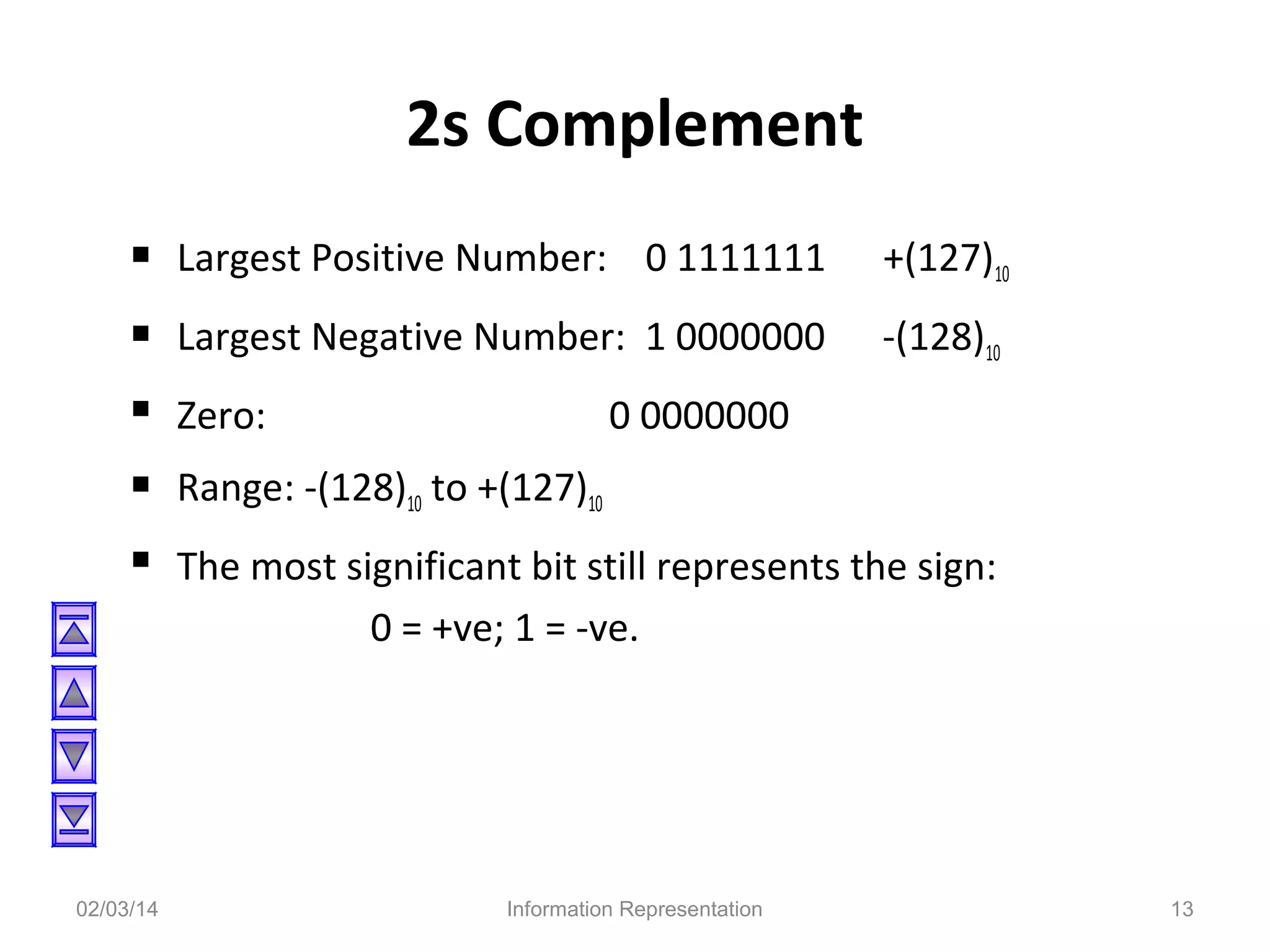 2s Complement
 Largest Positive Number: 0 1111111

+(127)10

Largest Negative Number: 1 0000000

-(128)10






02/03/14

Zero:

0 0000000

Range: -(128)10 to +(127)10
The most significant bit still represents the sign:
0 = +ve; 1 = -ve.

Information Representation

13

 