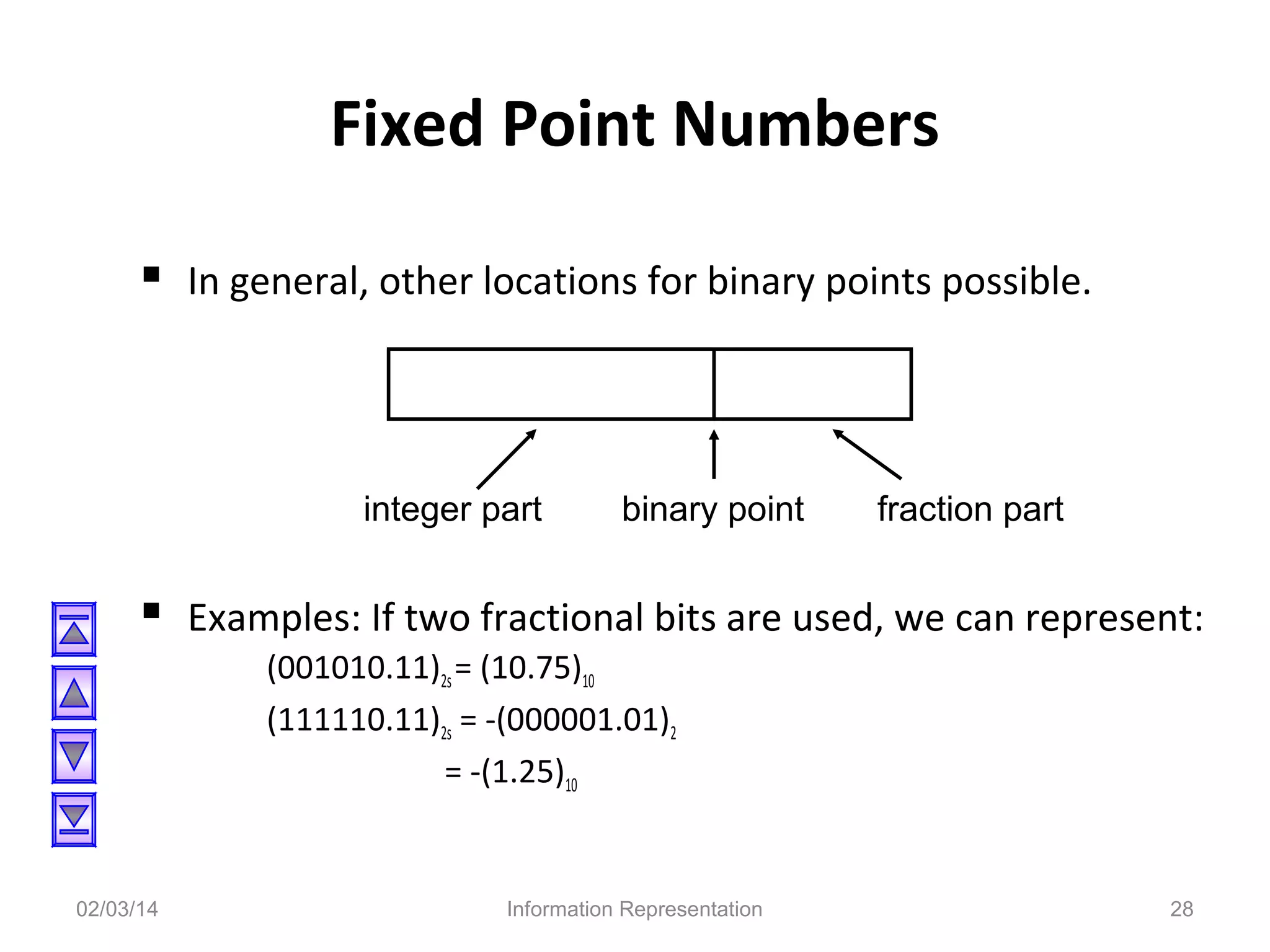 Fixed Point Numbers
 In general, other locations for binary points possible.

integer part

binary point

fraction part

 Examples: If two fractional bits are used, we can represent:
(001010.11)2s = (10.75)10
(111110.11)2s = -(000001.01)2
= -(1.25)10

02/03/14

Information Representation

28

 